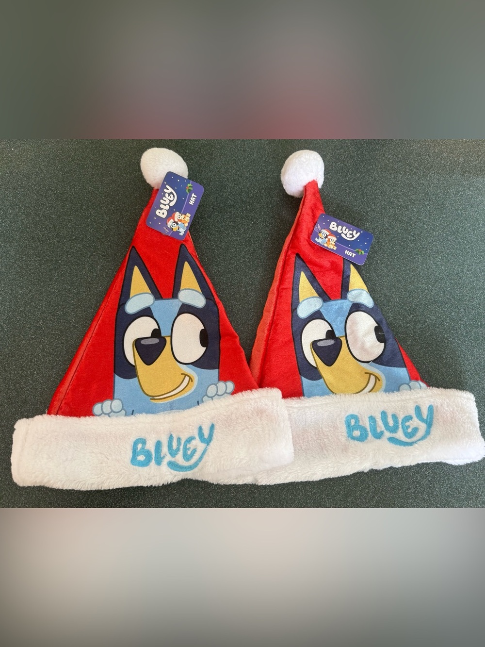 2)Bluey Santa Hat Plush Christmas Holiday Embroidered Bluey Face Pom Pom